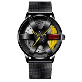 Fashion Mens Car Wheel Watches Luxury Stainless Steel Waterproof Watch for Men Quartz Wrist Watches Male Clock relogio masculino (Color: Mesh Yellow)