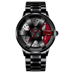 Fashion Mens Car Wheel Watches Luxury Stainless Steel Waterproof Watch for Men Quartz Wrist Watches Male Clock relogio masculino (Color: Steel Red)