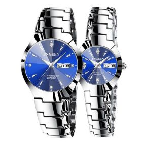 Relogio Feminino FNGEEN Couple Watch Men Quartz watch for Lovers Luxury Womens wristwatch Christmas Stainless Steel Waterproof (Color: Couple Silver Blue)