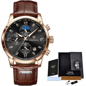 LIGE Men Watch Luxury Leather Waterproof Sport Quartz Wristwatch Chronograph Military Watch for Men Relogio Masculino Men's Gift (Color: Gold black, size: 1)